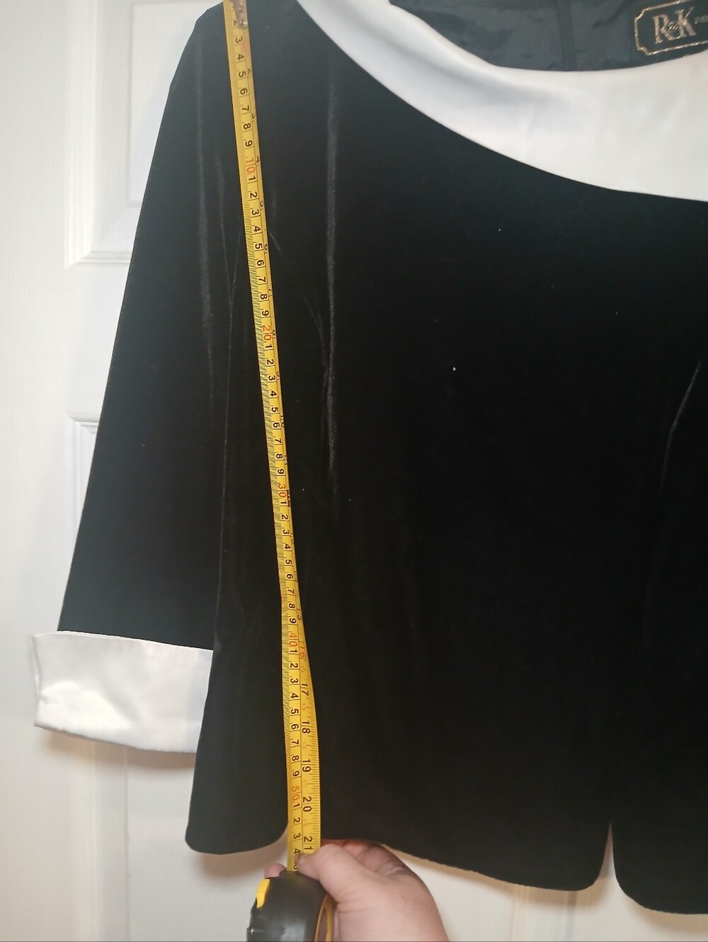 Black Velvet Blouse with White Asymmetrical Collar - Picture 5 of 6